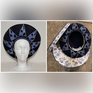 RARE VTG Lady Liberty Jack McConnell Navy Blue Rhinestone Hat, 13” diameter.